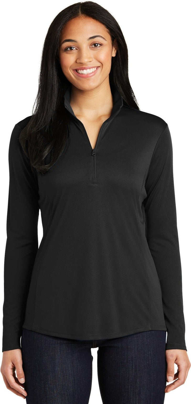 Front View of Black Sport-Tek Women's PosiCharge Competitor 1/4-Zip Pullover. LST357