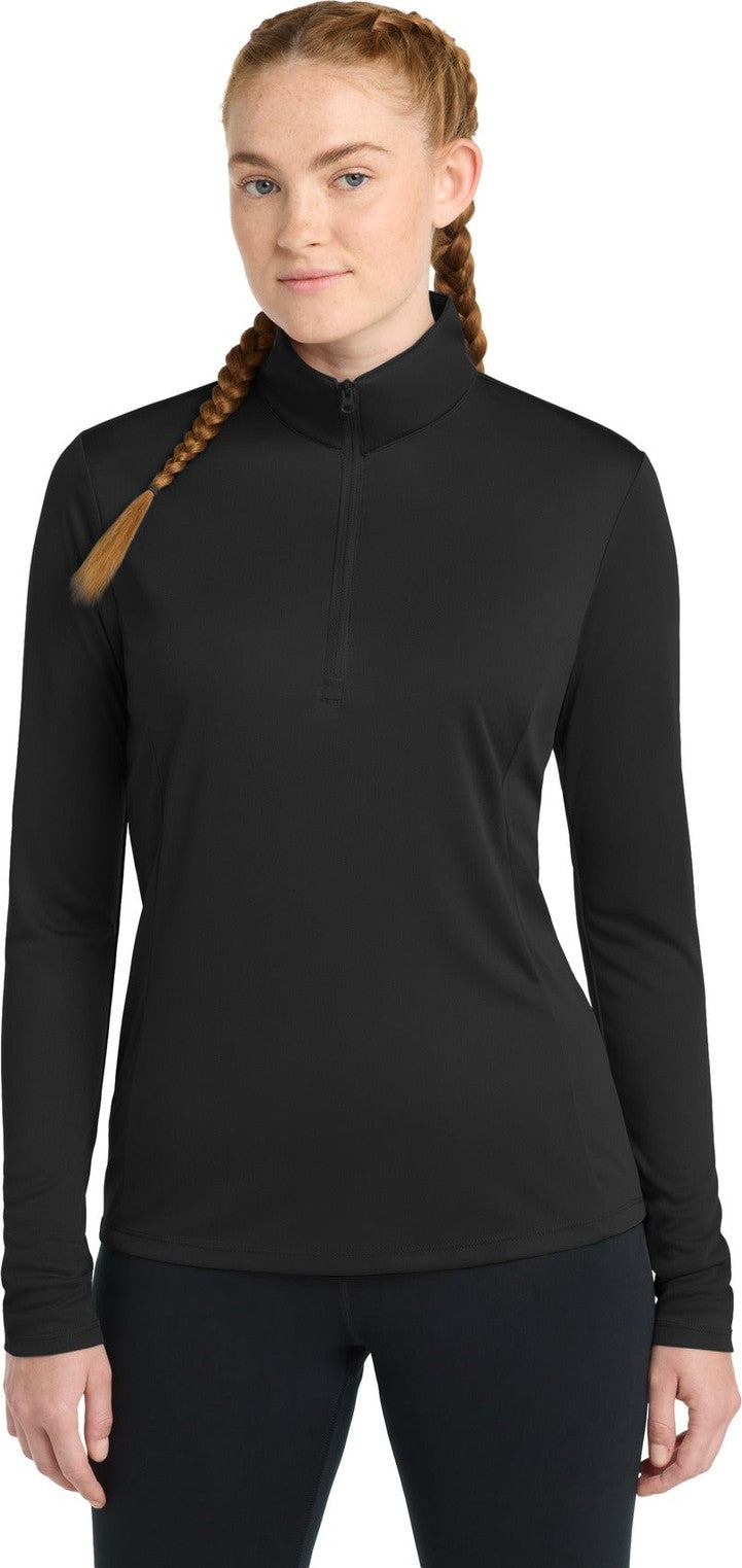 Front View of Black Sport-Tek Women's PosiCharge Competitor 1/4-Zip Pullover. LST357