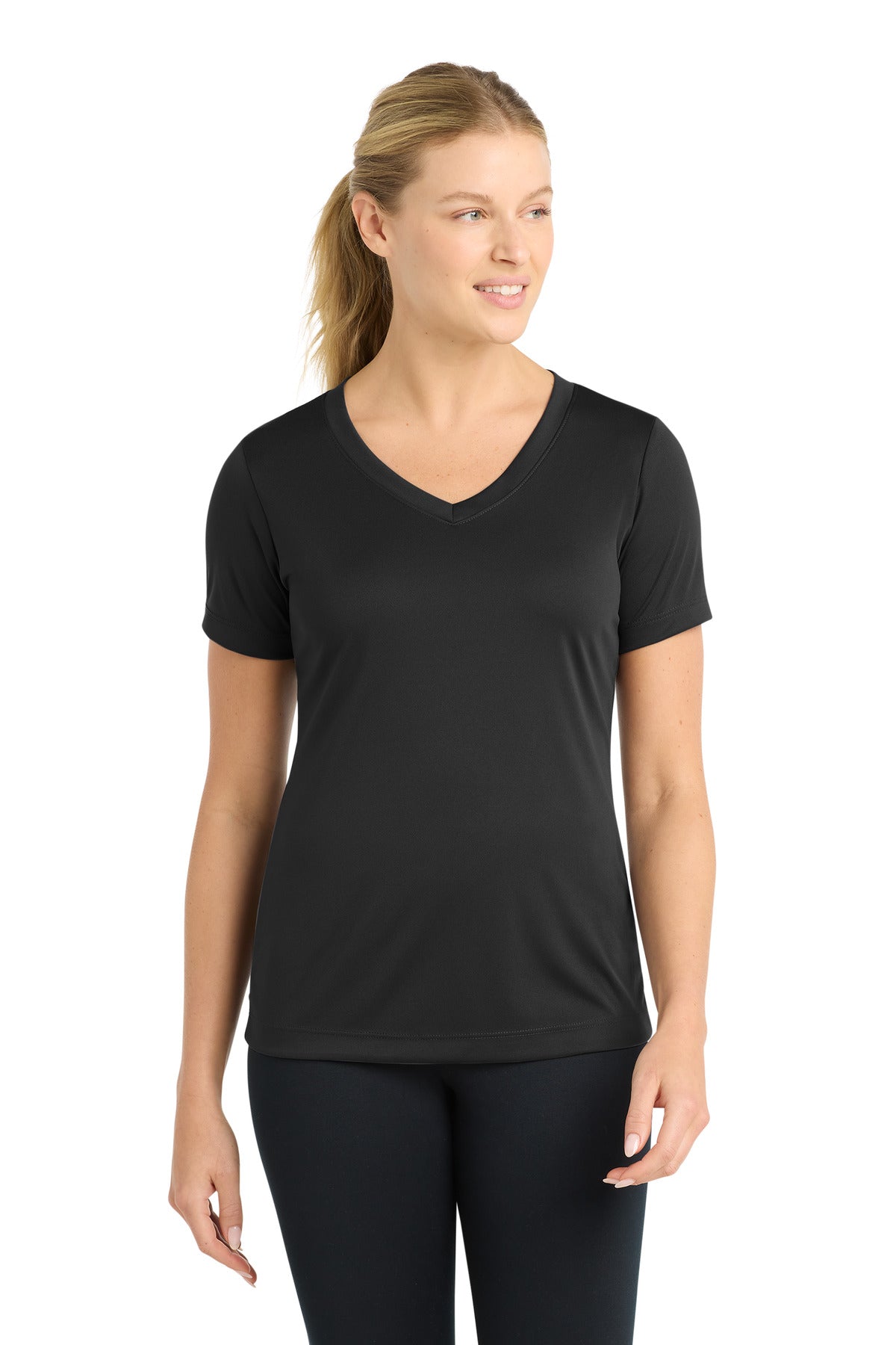 Front View of Black Sport-Tek Women's PosiCharge Competitor V-Neck Tee. LST353