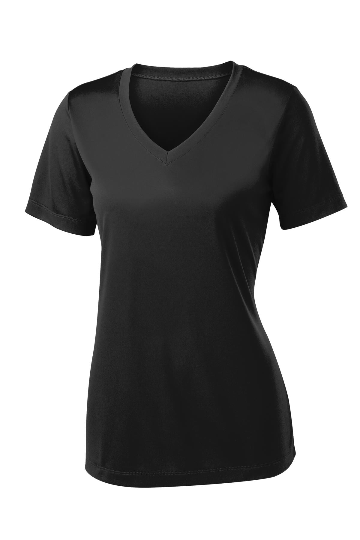 Front View of Black Sport-Tek Women's PosiCharge Competitor V-Neck Tee. LST353