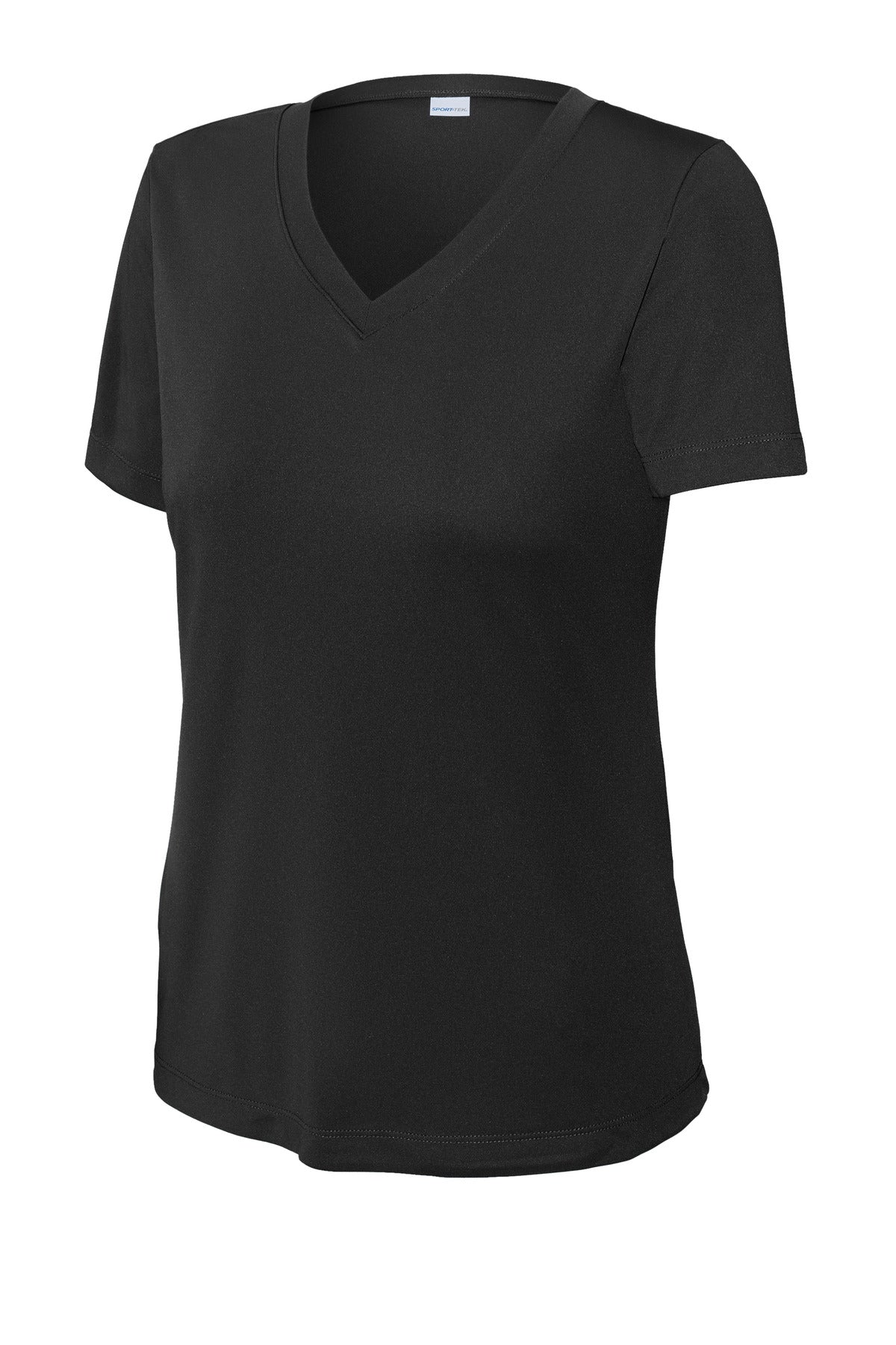 Front View of Black Sport-Tek Women's PosiCharge Competitor V-Neck Tee. LST353