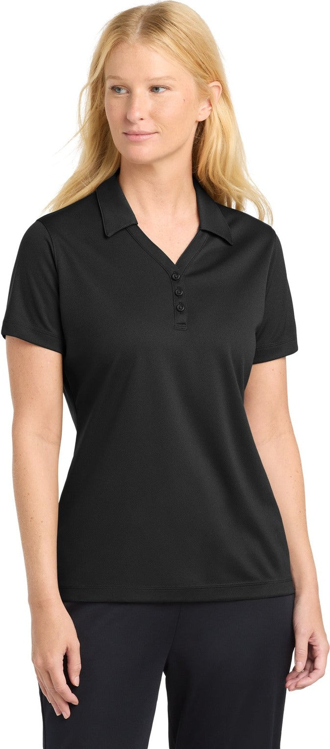 Front View of Black Sport-Tek Women's PosiCharge Micro-Mesh Polo. LST680