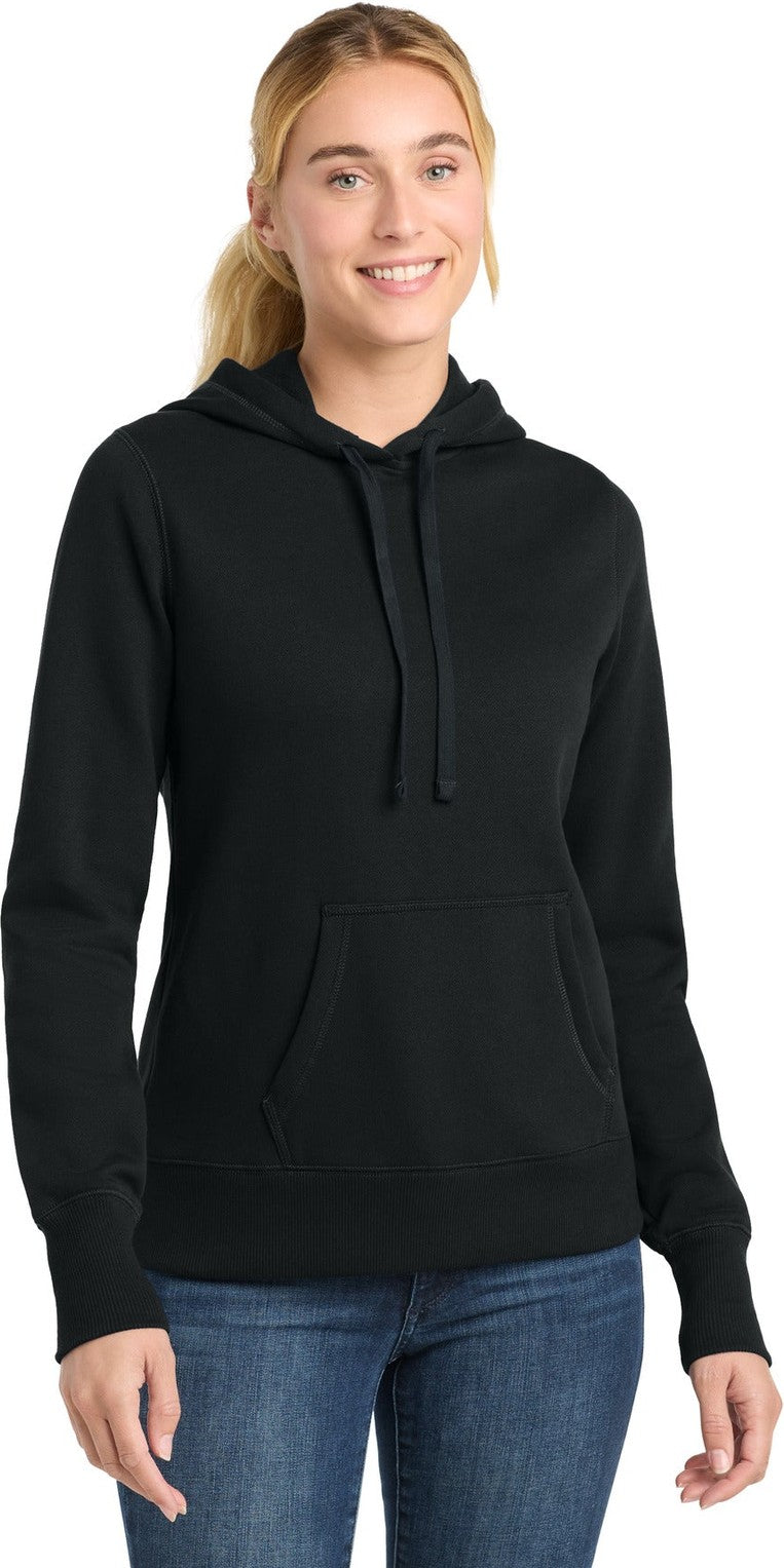 Front View of Black Sport-Tek Women's Pullover Hooded Sweatshirt. LST254