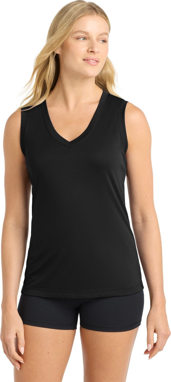 Front View of Black Sport-Tek Women's Sleeveless PosiCharge Competitor V-Neck Tee. LST352