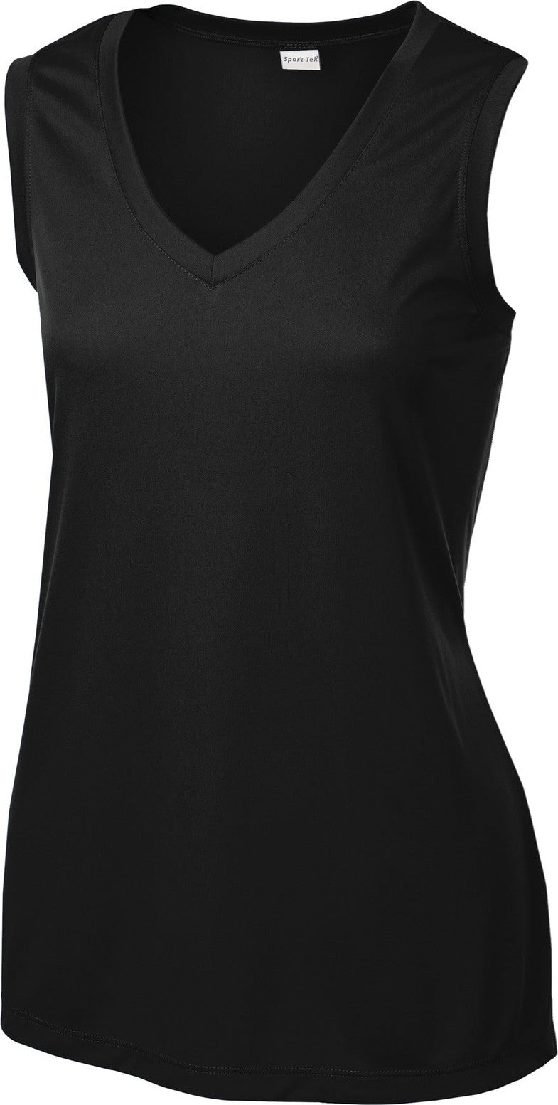Front View of Black Sport-Tek Women's Sleeveless PosiCharge Competitor V-Neck Tee. LST352