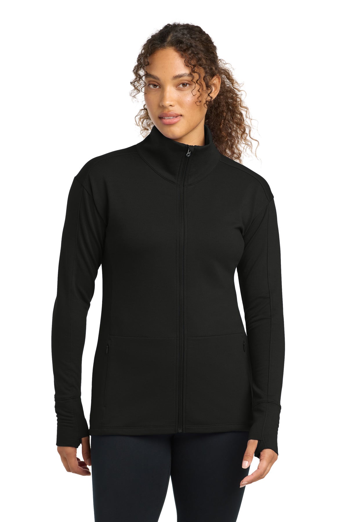 Front View of Black Sport-Tek Women's Sport-Wick Flex Fleece Full-Zip. LST560