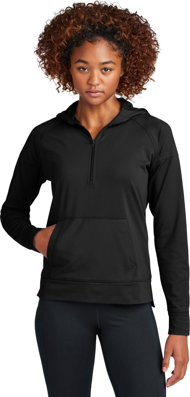 Front View of Black Sport-Tek Women's Sport-Wick Stretch 1/2-Zip Hoodie LST856