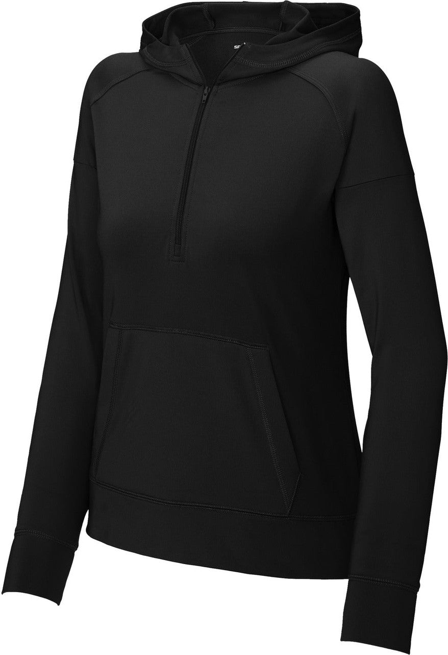Front View of Black Sport-Tek Women's Sport-Wick Stretch 1/2-Zip Hoodie LST856