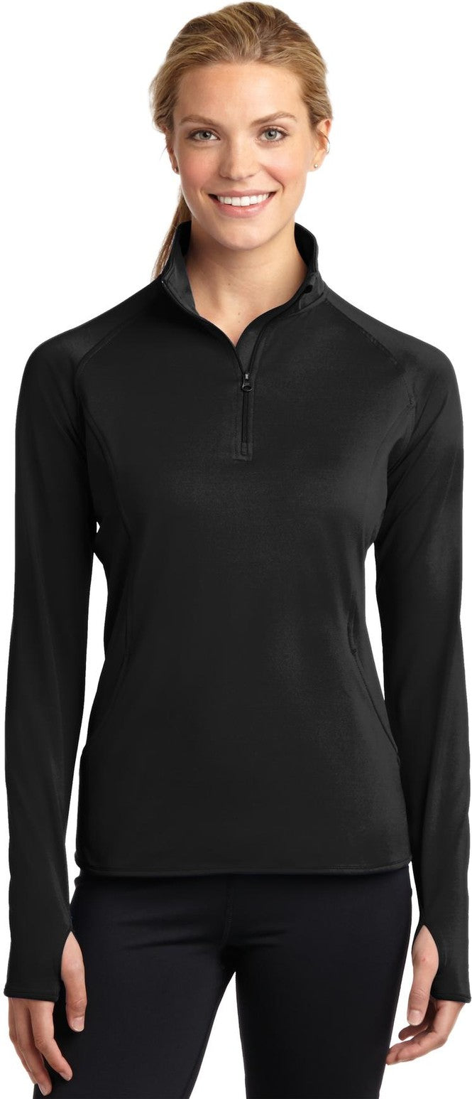 Front View of Black Sport-Tek Women's Sport-Wick Stretch 1/4-Zip Pullover. LST850