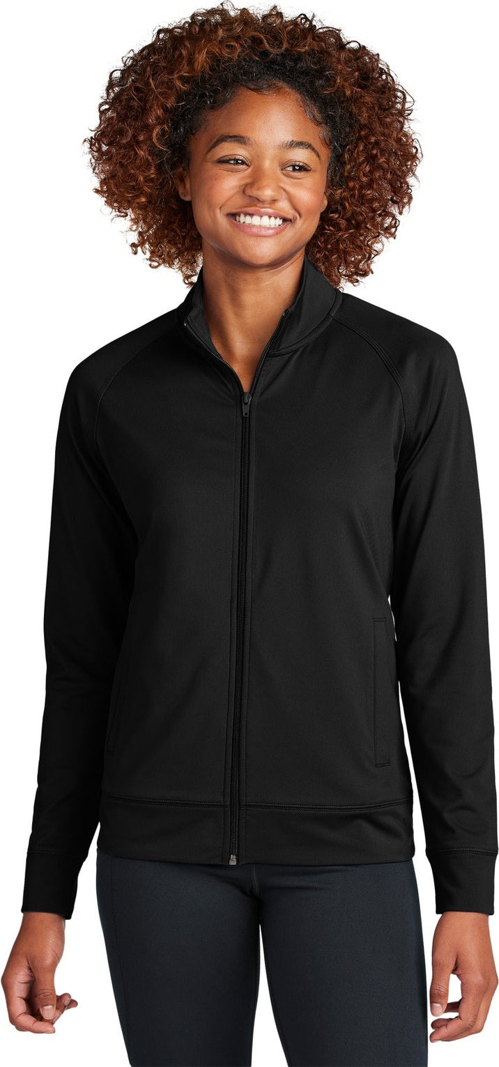 Front View of Black Sport-Tek Women's Sport-Wick Stretch Full-Zip Cadet Jacket LST857