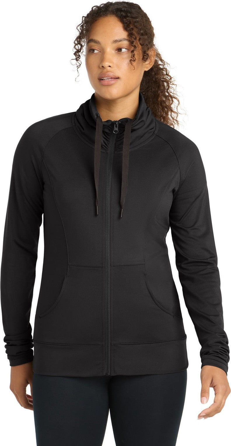 Front View of Black Sport-Tek Women's Sport-Wick Stretch Full-Zip Jacket. LST852