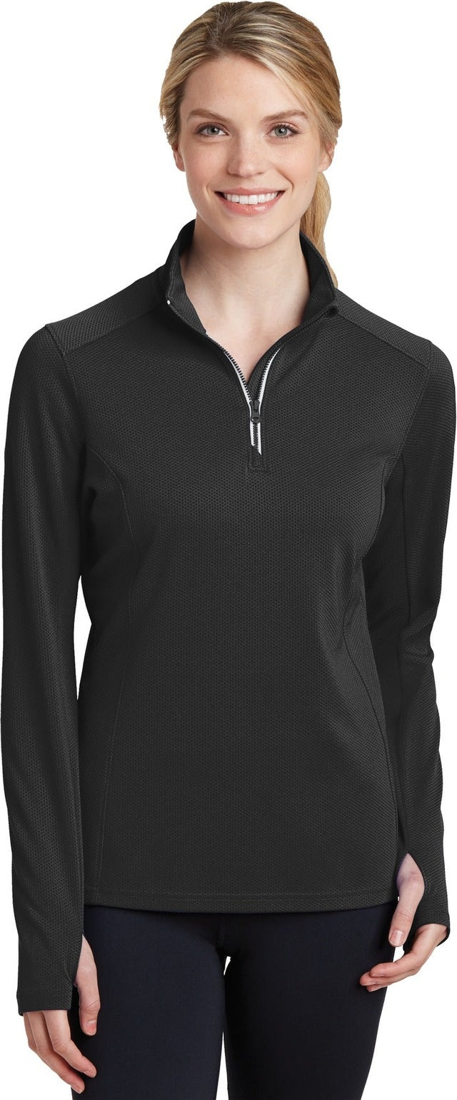 Front View of Black Sport-Tek Women's Sport-Wick Textured 1/4-Zip Pullover. LST860