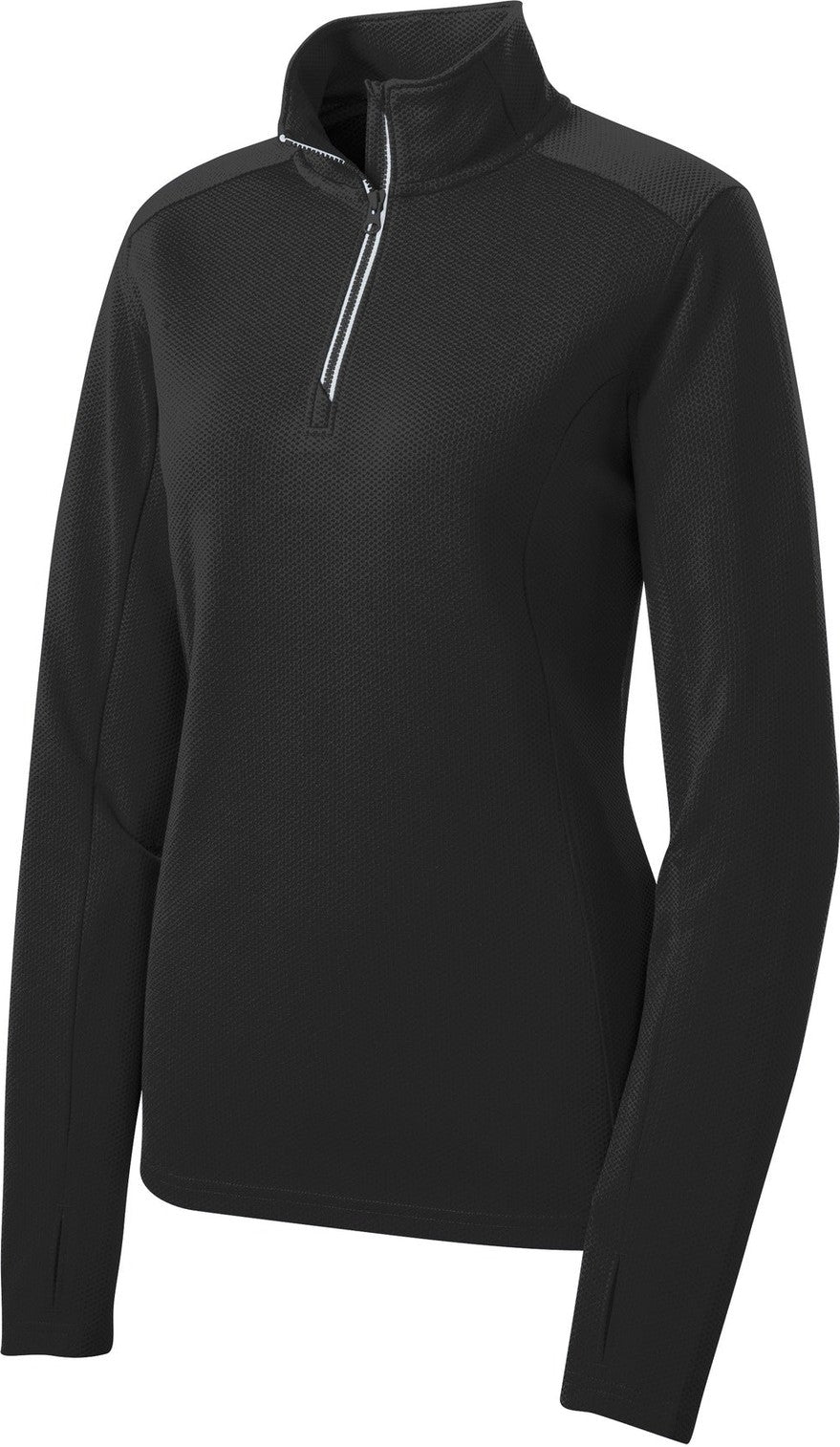 Front View of Black Sport-Tek Women's Sport-Wick Textured 1/4-Zip Pullover. LST860