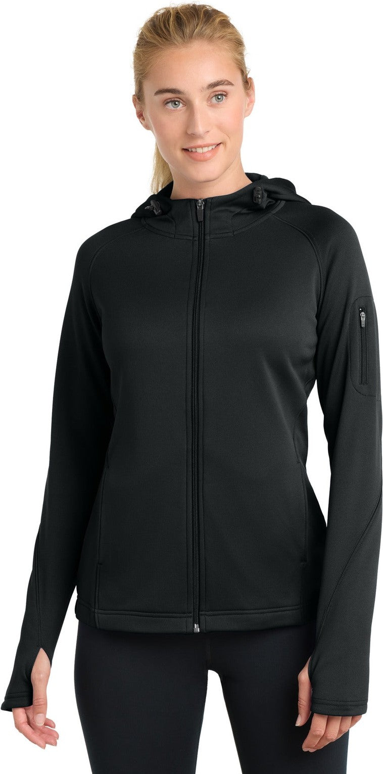 Front View of Black Sport-Tek Women's Tech Fleece Full-Zip Hooded Jacket. L248