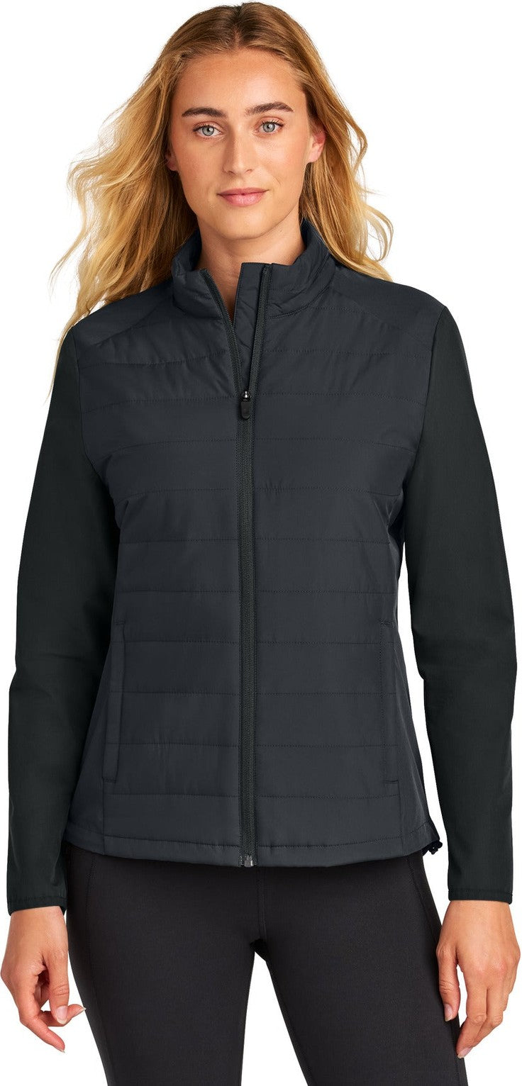 Front View of Black Sport-Tek Women's Teknical Hybrid Jacket LST940