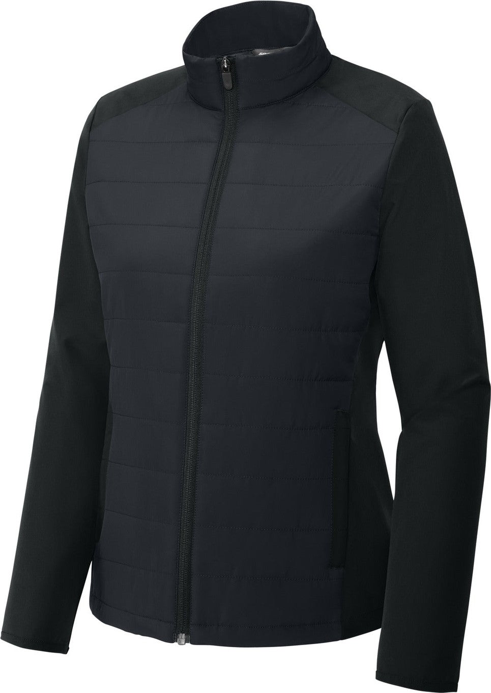 Front View of Black Sport-Tek Women's Teknical Hybrid Jacket LST940