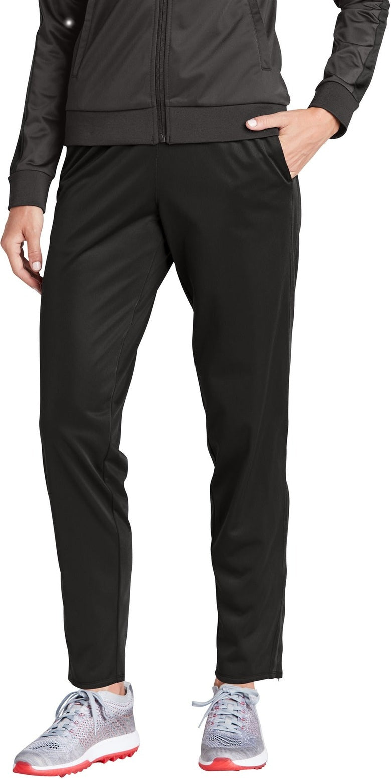 Front View of Black Sport-Tek Women's Tricot Track Jogger. LPST95