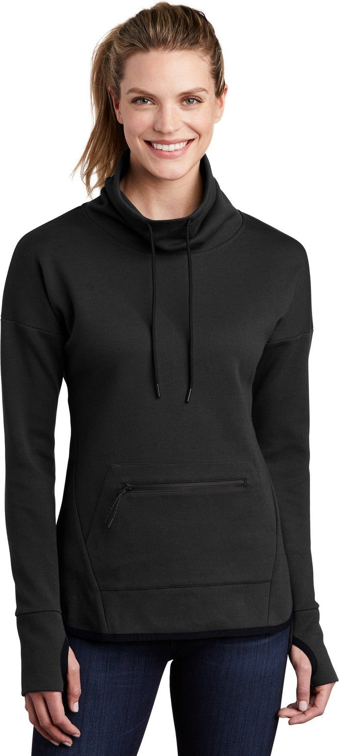 Front View of Black Sport-Tek Women's Triumph Cowl Neck Pullover LST280
