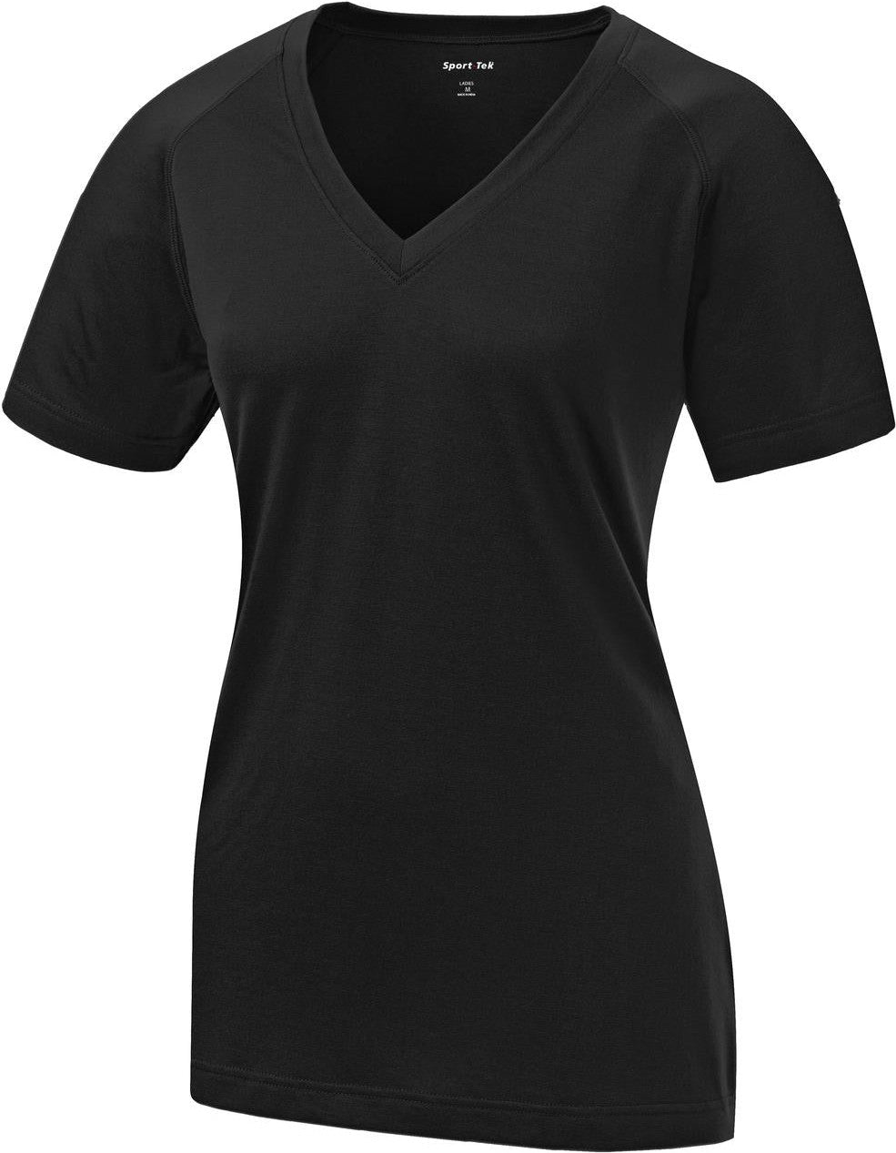 Front View of Black Sport-Tek Women's Ultimate Performance V-Neck. LST700