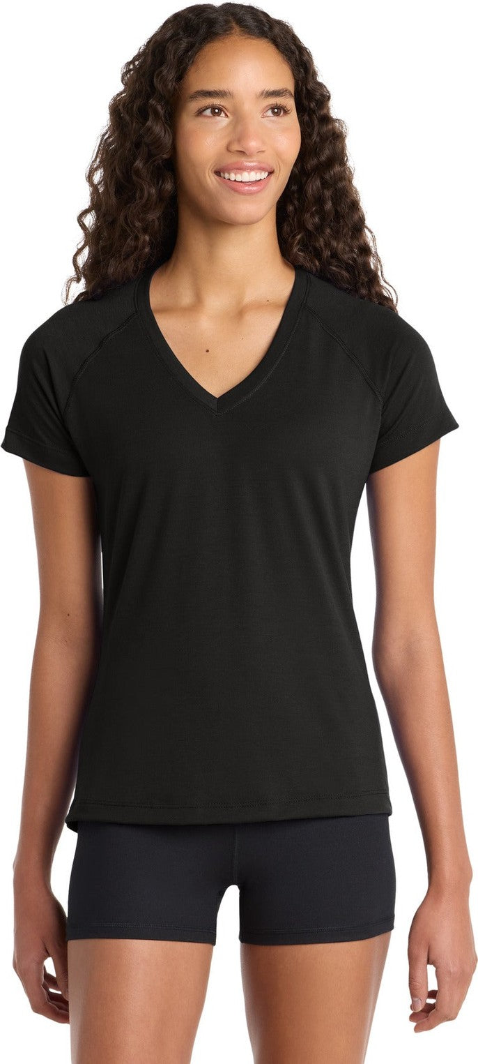 Front View of Black Sport-Tek Women's Ultimate Performance V-Neck. LST700