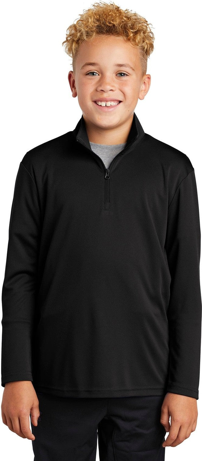 Front View of Black Sport-Tek Youth PosiCharge Competitor 1/4-Zip Pullover. YST357