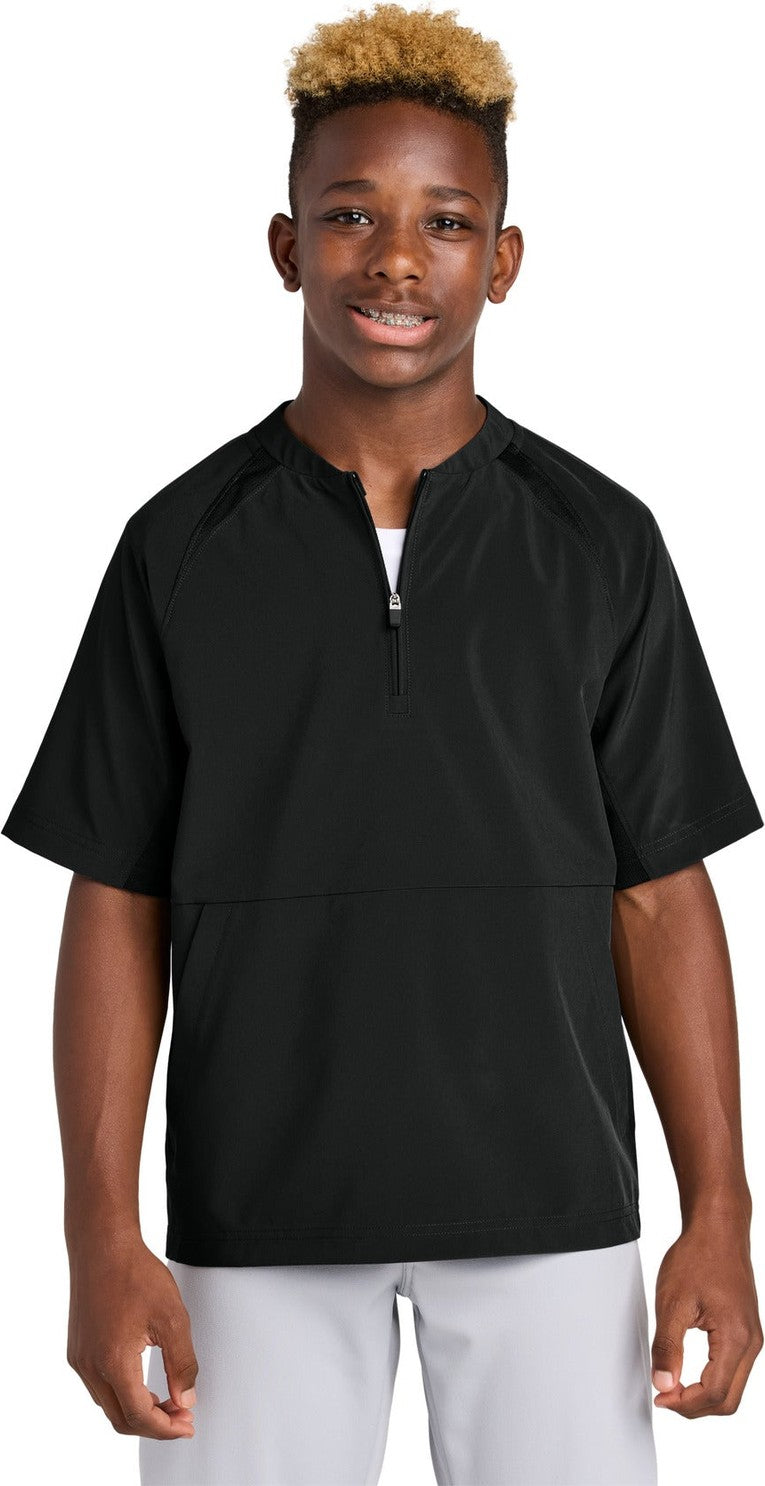 Front View of Black Sport-Tek Youth Repeat 1/2-Zip Short Sleeve Jacket YJST489
