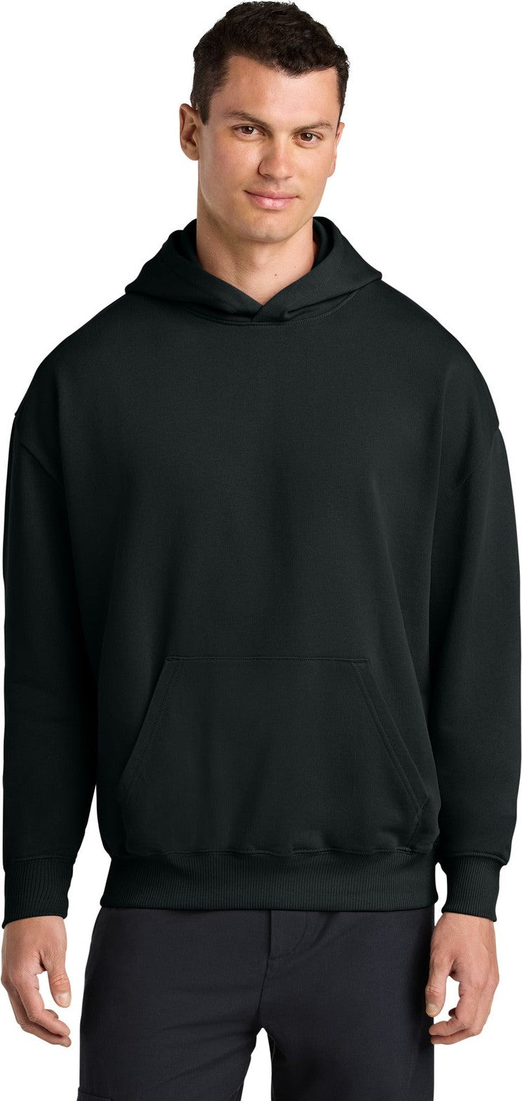 Front View of Black Stanley/Stella Unisex Cooper Dry Hooded Sweatshirt SXU028