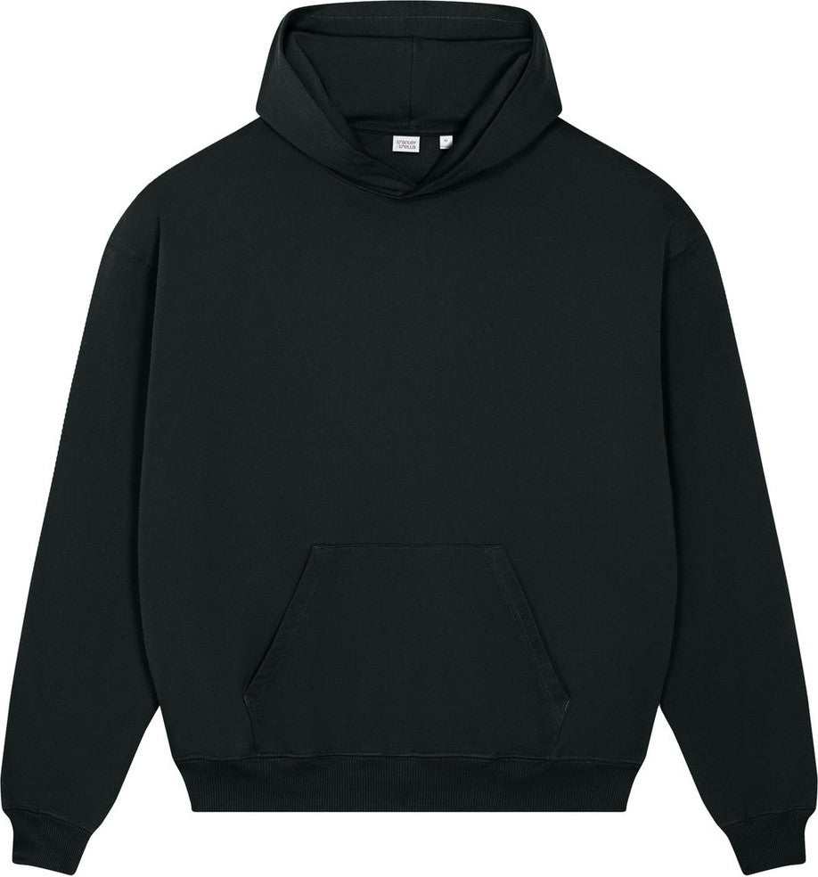 Front View of Black Stanley/Stella Unisex Cooper Dry Hooded Sweatshirt SXU028