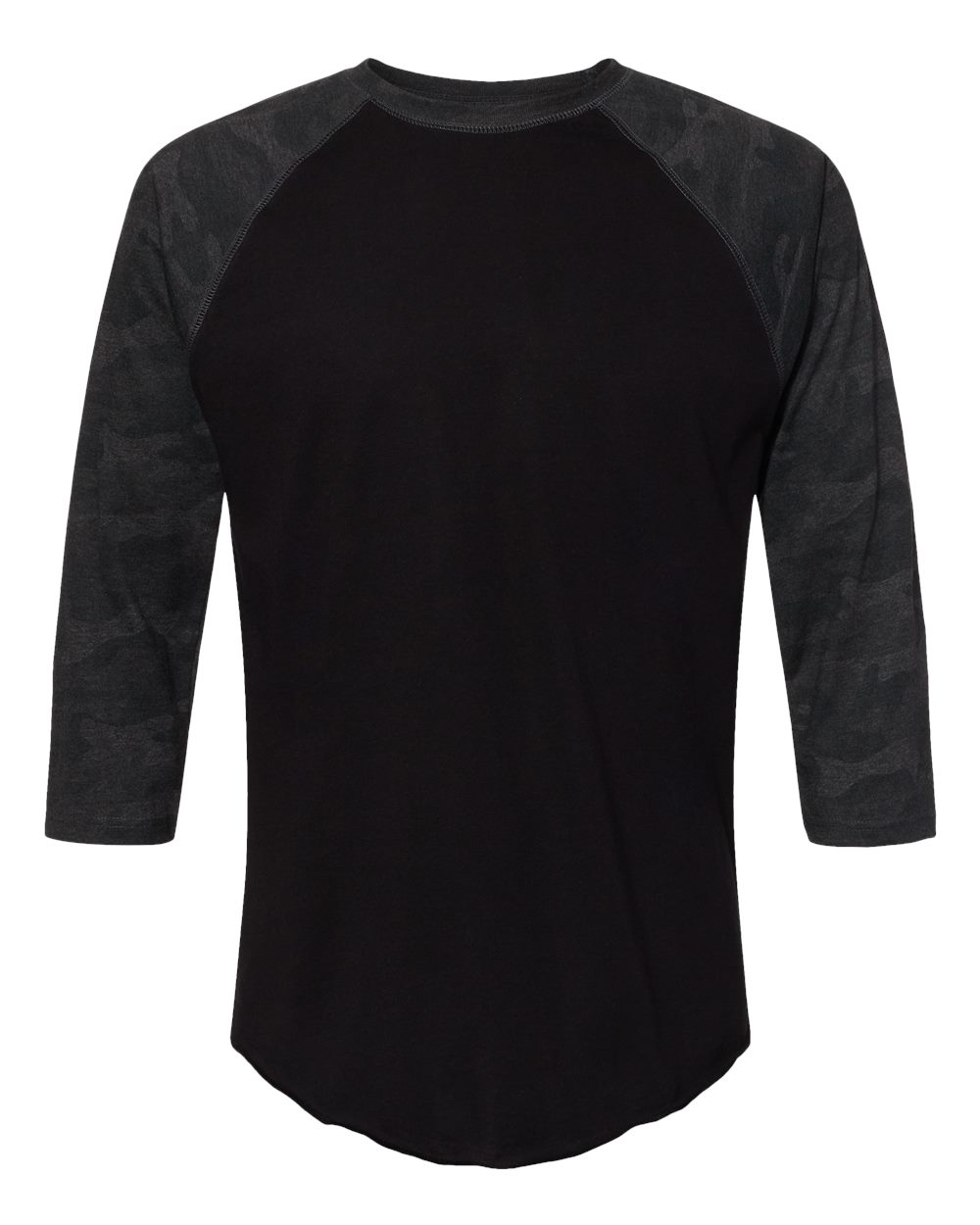 Front View of Black/ Storm Camo Baseball Fine Jersey Three-Quarter Sleeve Tee - 6930