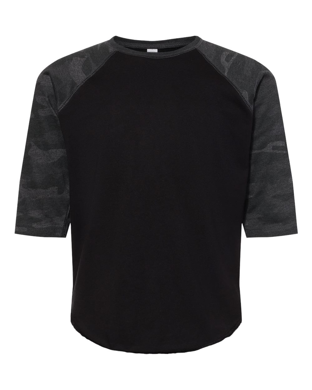 Front View of Black/ Storm Camo Youth Baseball Fine Jersey Three-Quarter Sleeve Tee - 6130