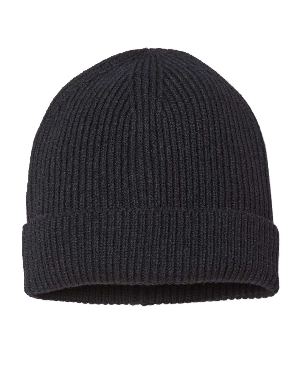 Front View of Black Sustainable Fine Rib Cuffed Beanie - ANDY