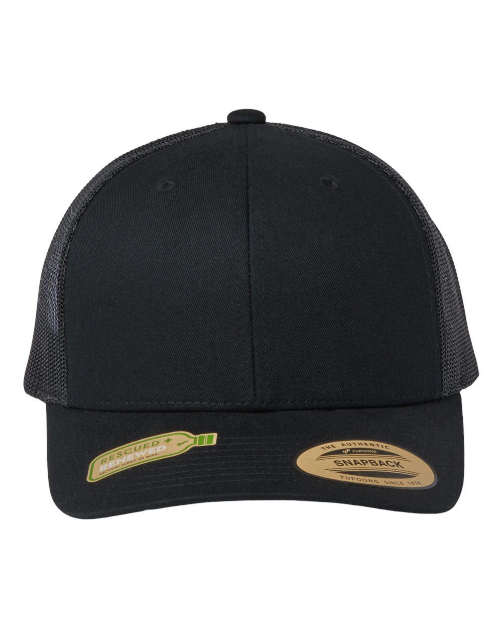 Front View of Black Sustainable Retro Trucker Cap - 6606R