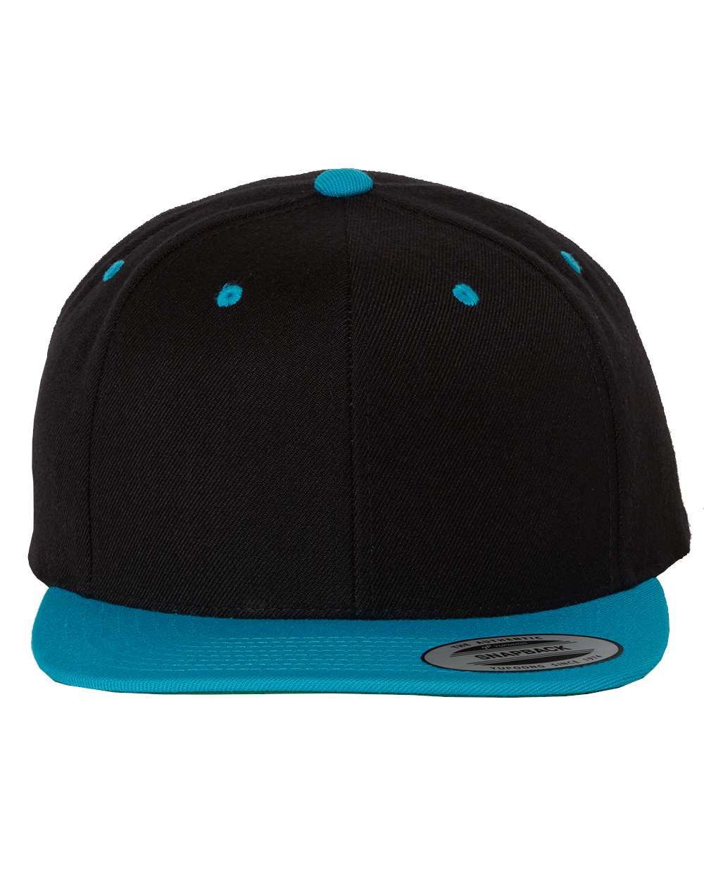 Front View of Black/ Teal Premium Flat Bill Snapback Cap - 6089M