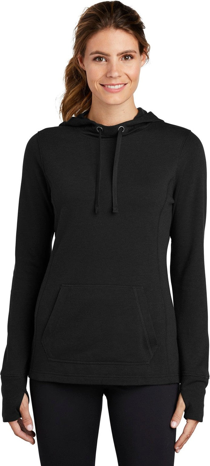 Front View of Black Triad So Sport-Tek Women's PosiCharge Tri-Blend Wicking Fleece Hooded Pullover. LST296
