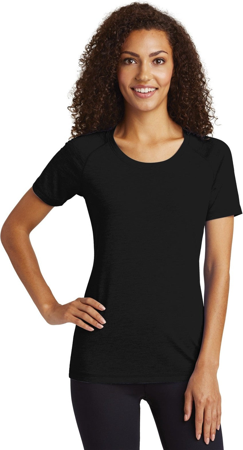 Front View of Black Triad So Sport-Tek Women's PosiCharge Tri-Blend Wicking Scoop Neck Raglan Tee. LST400