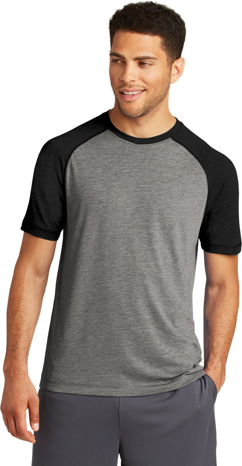 Front View of Black TS/DGH Sport-Tek PosiCharge Tri-Blend Wicking Raglan Tee. ST400