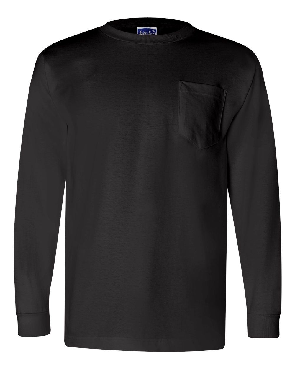 Front View of Black Union-Made Long Sleeve Pocket T-Shirt - 3055