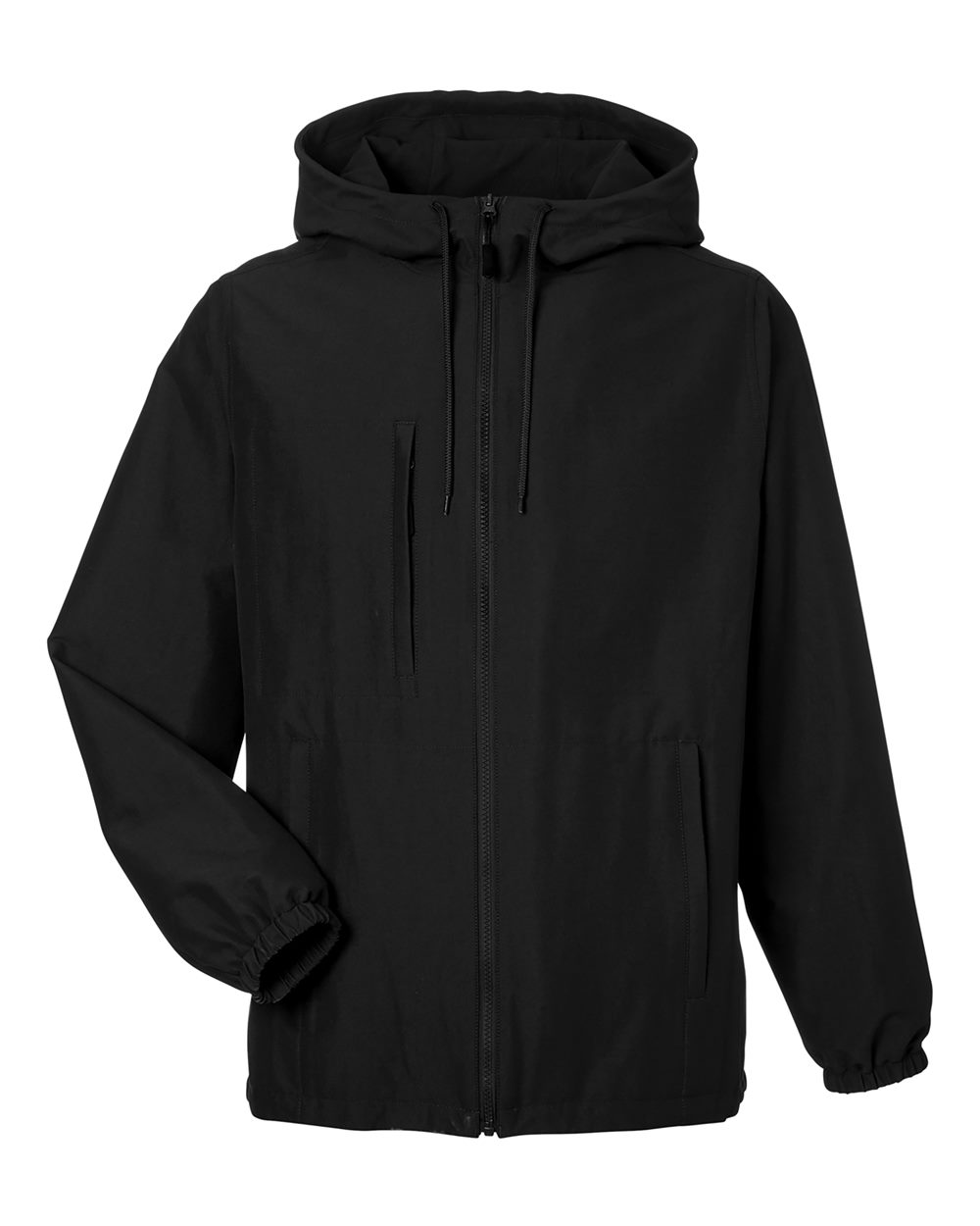 Front View of Black Unisex Flex Twill Hooded Jacket - M73