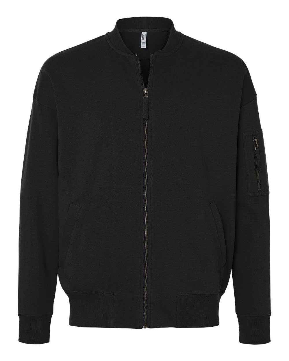 Front View of Black Unisex French Terry Bomber Jacket - FTJ77