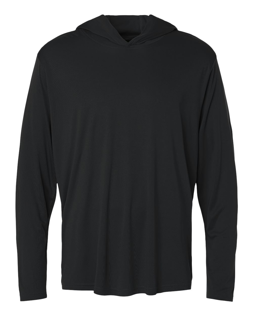 Front View of Black Unisex Pro-Lock Performance Hooded Long Sleeve T-Shirt - 48510 plain