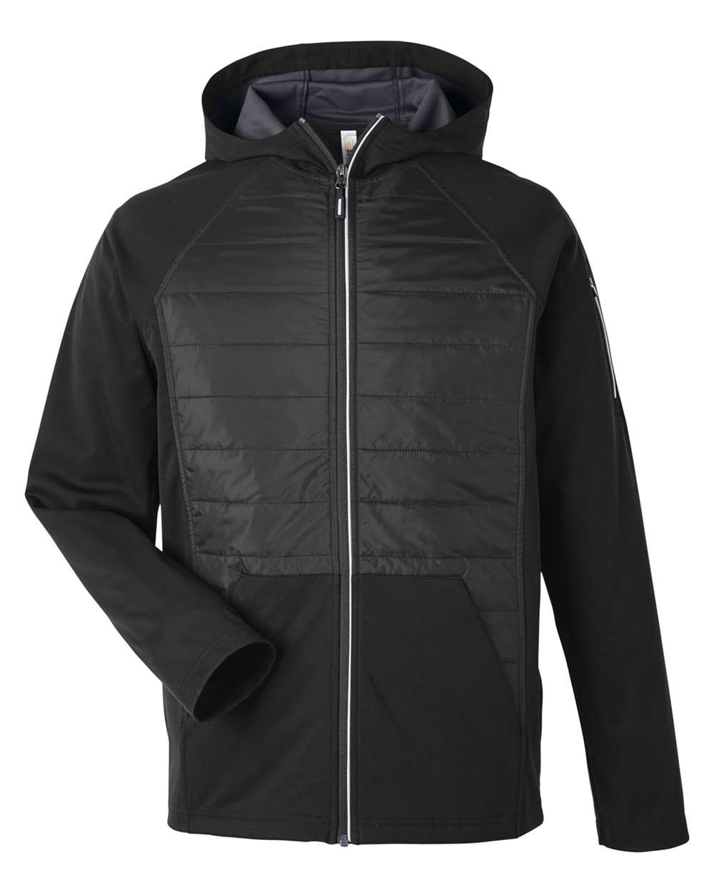 Front View of Black Unisex Techno Lite Hybrid Hooded Jacket - CE808