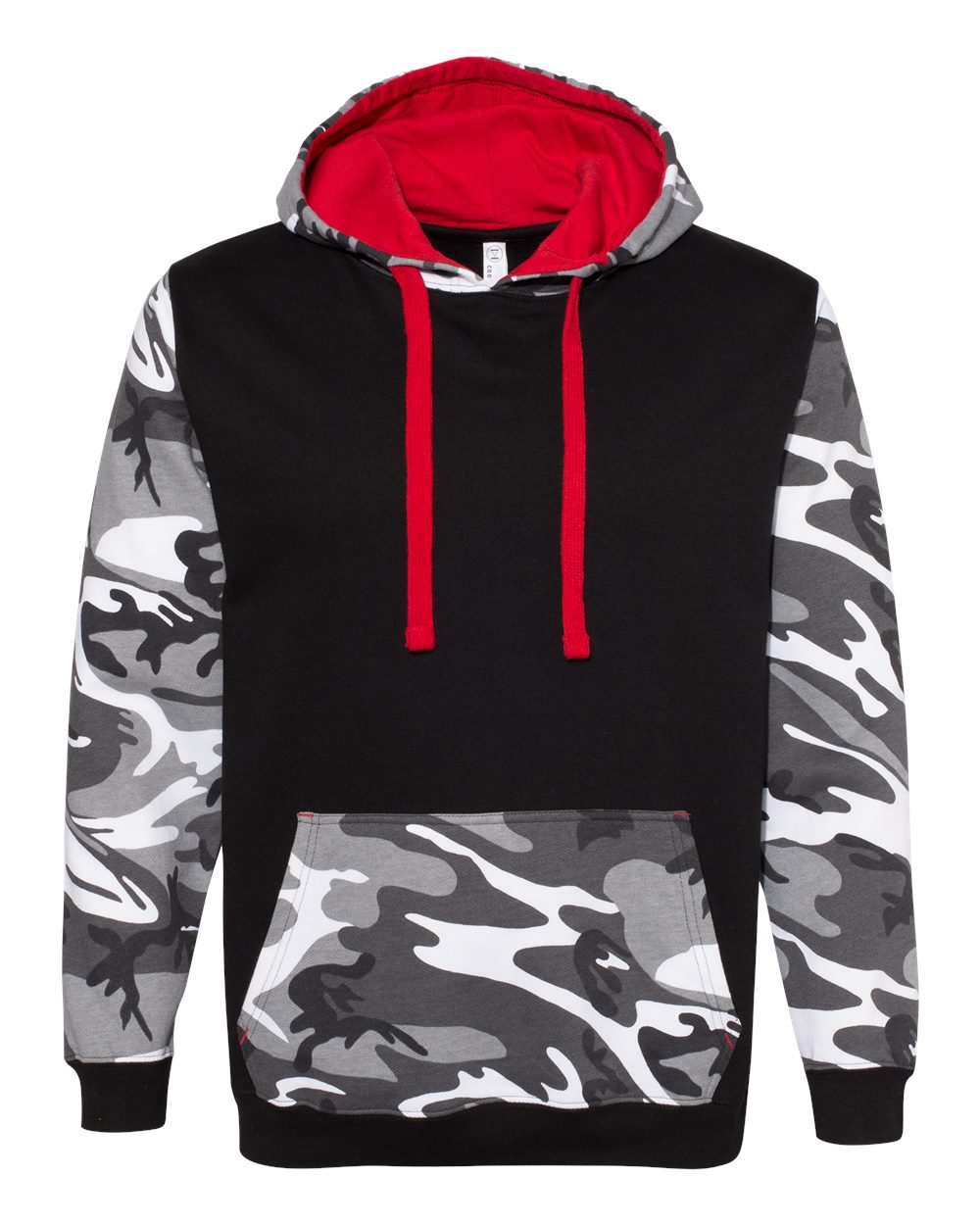 Front View of Black/ Urban Woodland/ Red Fashion Camo Hooded Sweatshirt - 3967