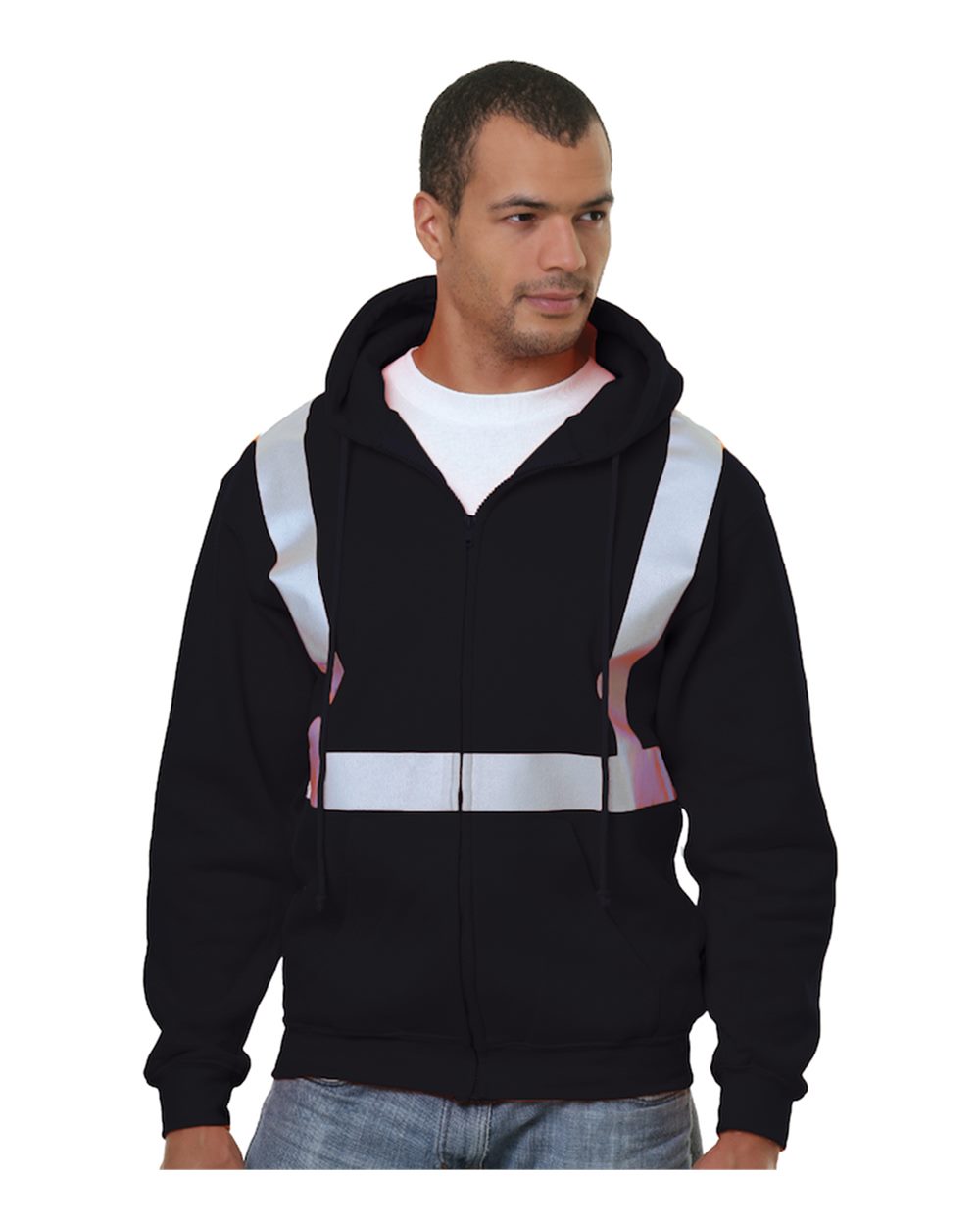 Front View of Black USA-Made Hi-Visibility Full-Zip Hooded Sweatshirt - 3790
