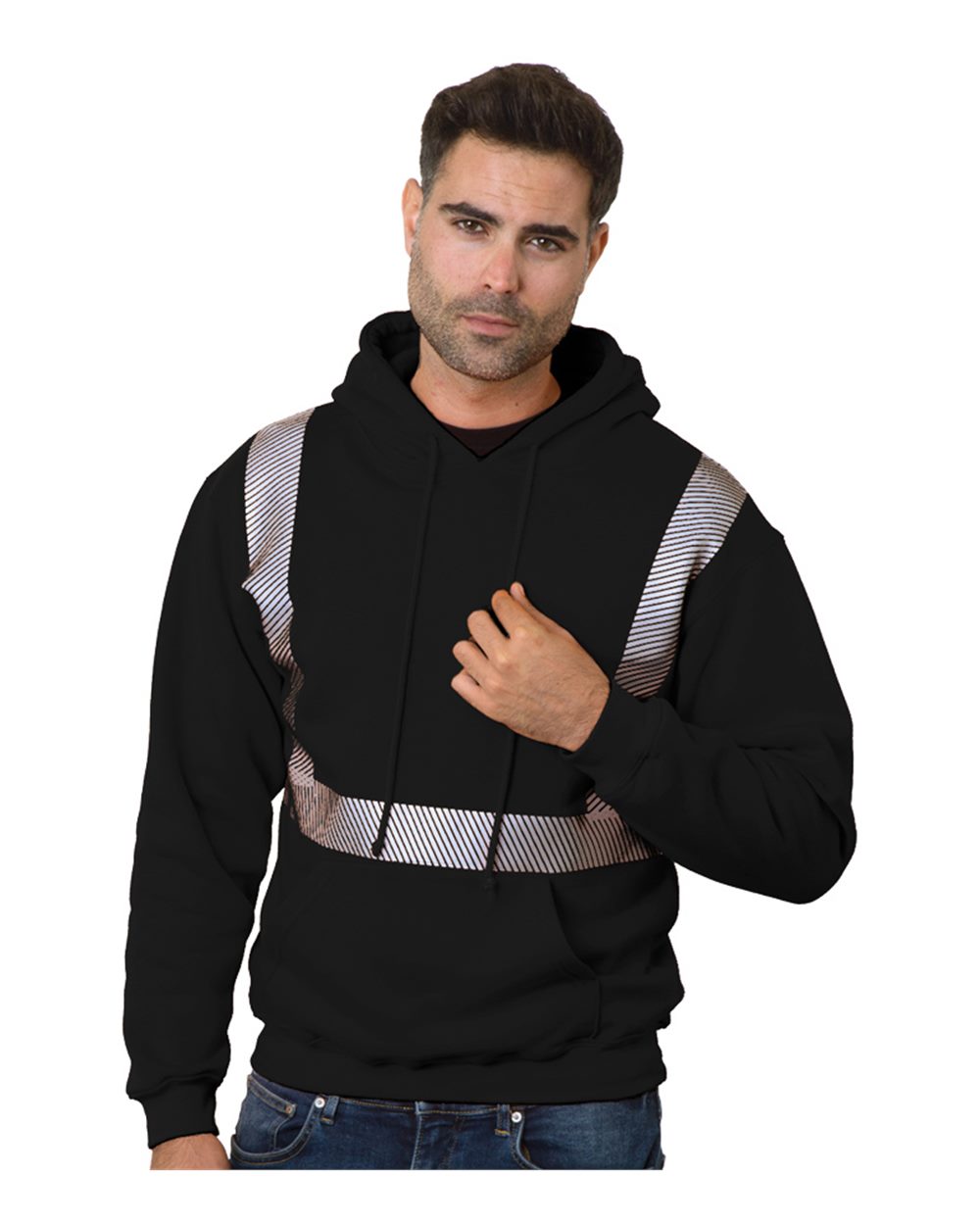 Front View of Black USA-Made High Visibility Hooded Sweatshirt - 3739