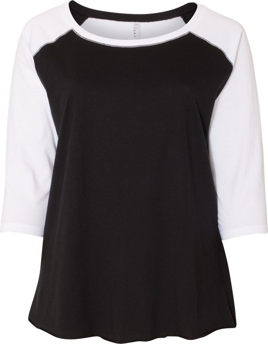 Front View of Black/ White Curvy Collection Women's Baseball Three-Quarter Sleeve Tee - 3830