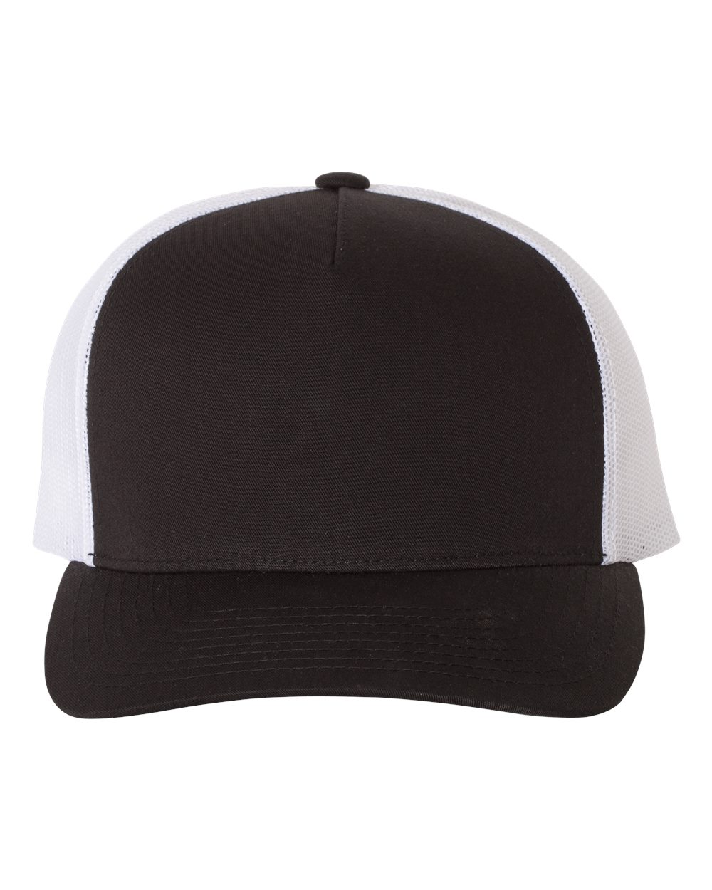 Front View of Black/ White Five-Panel Retro Trucker Cap - 6506