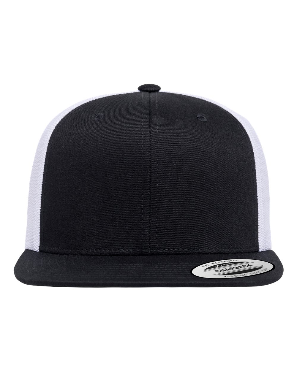 Front View of Black/ White Retro High Profile Trucker Cap - 6609