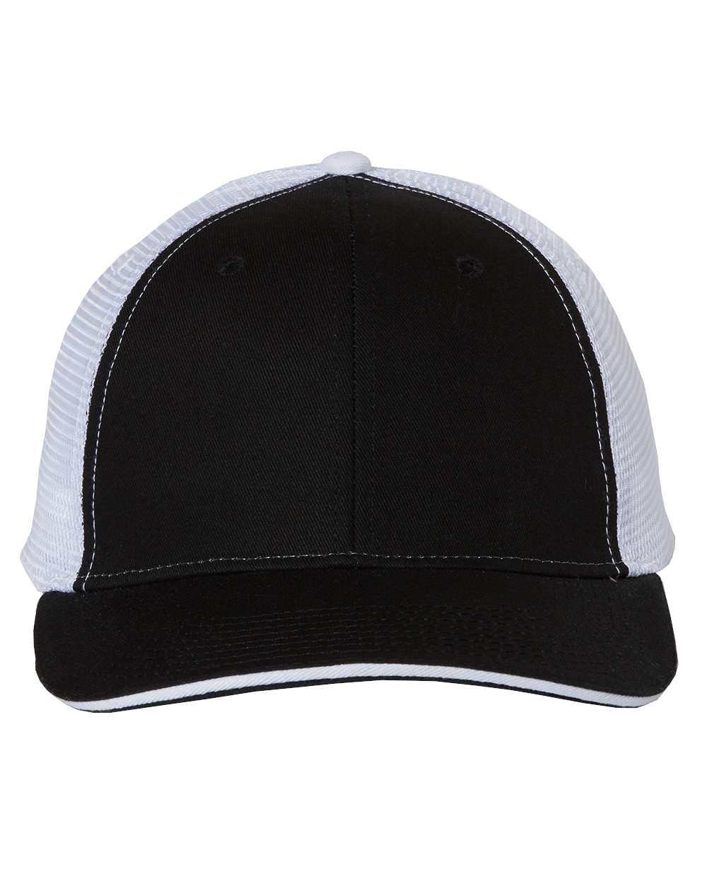 Front View of Black/ White Sandwich Trucker Cap - S102