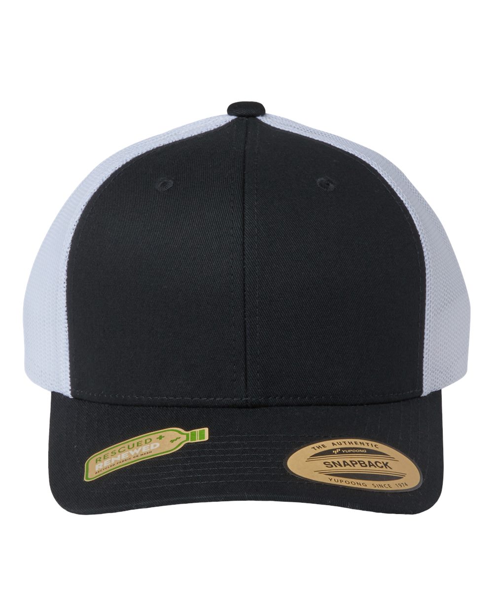 Front View of Black/ White Sustainable Retro Trucker Cap - 6606R