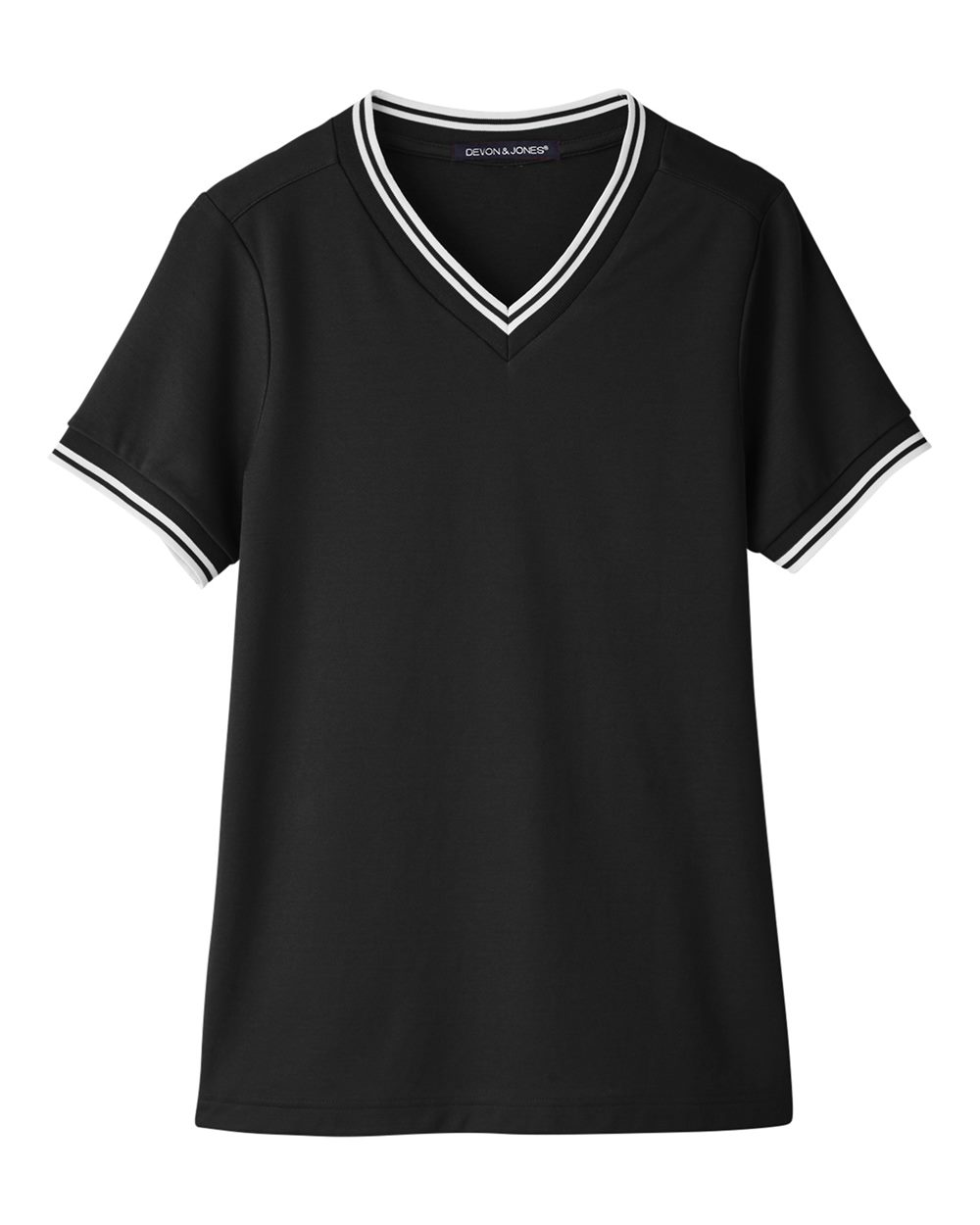 Front View of Black/ White Women's CrownLux Performance® Plaited Tipped V-Neck Shirt - DG20CW